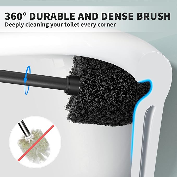 Toilet Brush, Toilet Bowl Brush with Extra Long Handle Durable Bristles Toilet Scrubber and Covered Holder for Toilet Brush Set for Bathroom Cleaning (Black, 1 Set)