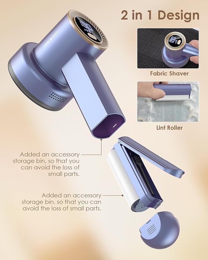 Fabric Shaver Fuzz Remover Rechargeable, HOMEASY Electric Lint Remover Shaver with 3 Blades & LED Digital Display, Sweater Couch Fabric Pill Shaver for Sweater, Couch, Furniture (Purple)