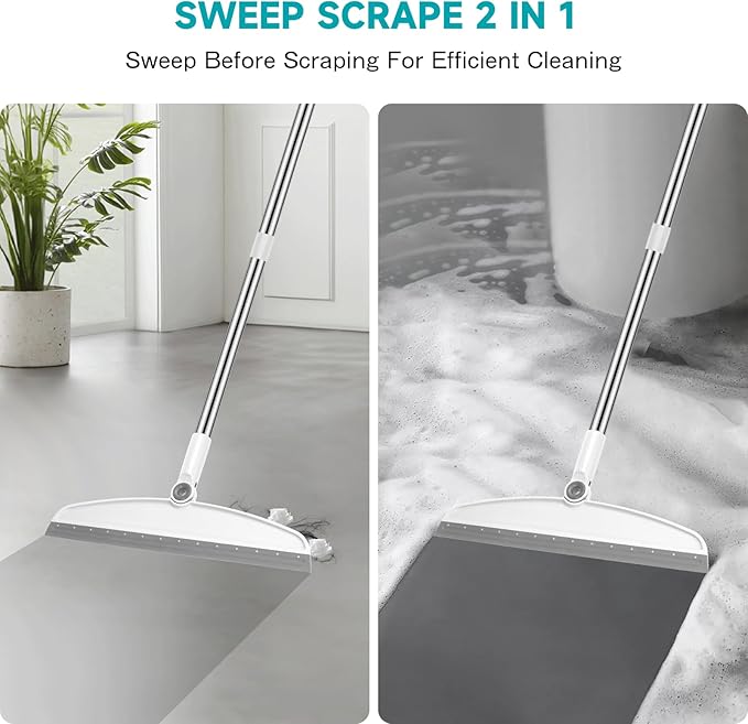 NACENA Silicone Floor Squeegee, 54-in Adjustable Long Handle Multifunction Silicone Broom, Sweep and Scrape 2 in 1 Household Cleaning Broom for Floor, Deck, Bathroom, Kitchen, Pet Hair, Glass, White