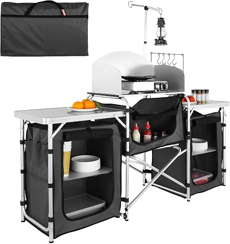 VEVOR Camping Kitchen Table, Folding Outdoor Cooking Table with Storage Carrying Bag, Aluminum Cook Station 3 Cupboard &