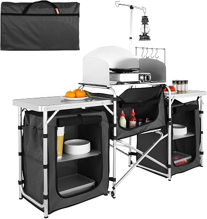 VEVOR Camping Kitchen Table, Folding Outdoor Cooking Table with Storage Carrying Bag, Aluminum Cook Station 3 Cupboard &