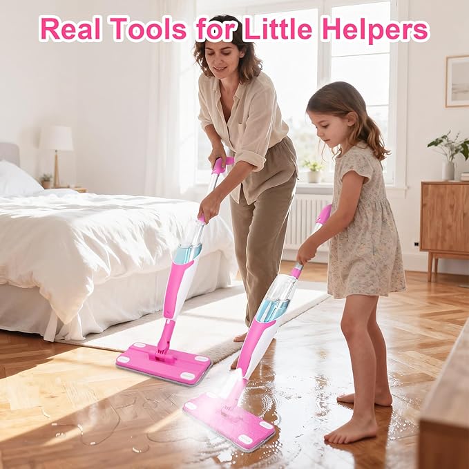 Kids Spray Mop, Toddler Cleaning Set with Real Water Sprayer, 2 Washable Mop Pads & Storage Clip, Pretend Play Montessori Housekeeping Toys for Boys Girls Ages 3 4 5 6 7 8