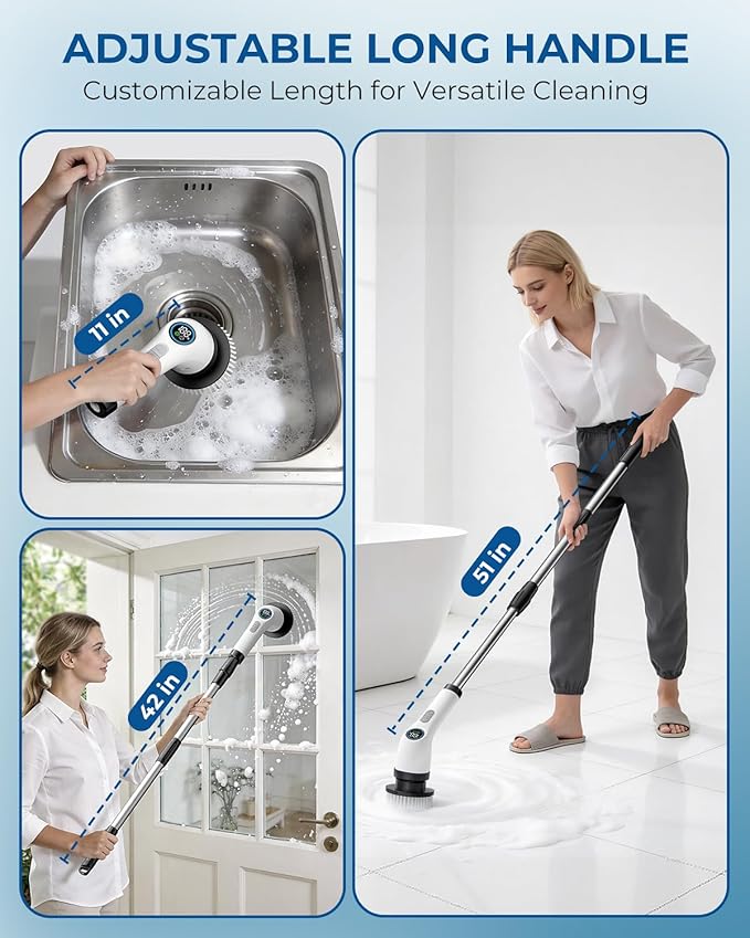 Electric Spin Scrubber, Rechargeable with Upgraded Battery & Extended Runtime, IPX7 Cleaning Brush, 3000mAh Battery 7 Brush Heads 2-Speed Adjustable Long Handle for Bathroom & Tile Floor Cleaning