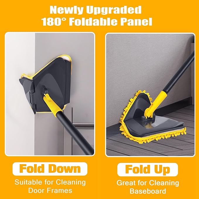 Newly Upgraded Wall Mop with 82 Inches Long Handle, 180° Folding Wall Cleaner Triangle Mop with Squeegee, 3-in-1 Ceiling Cleaning Tool with 6 Replacement Pads for Wall, Baseboards, Ceiling, Floor