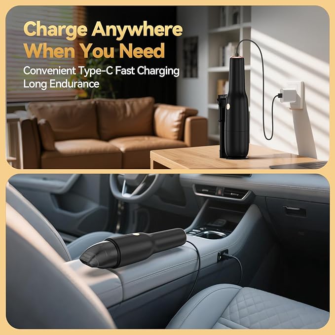 Handheld Vacuum Cordless -Car Vacuum Portable Rechargeble -Hand Held Small Vacuum Cleaner Car Seats, Home, Quick Clean up, Strong Suction, Lightweight, Includes Crevice Nozzle & Brush-H3