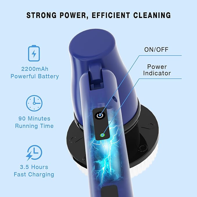 KEROMEE Electric Spin Scrubber Cordless Bathroom Scrubber with Adjustable Long Handle, 2 Speeds Power Cleaning Brush with 7 Replaceable Brush Heads for Bathtub, Tile, Floor (Blue)