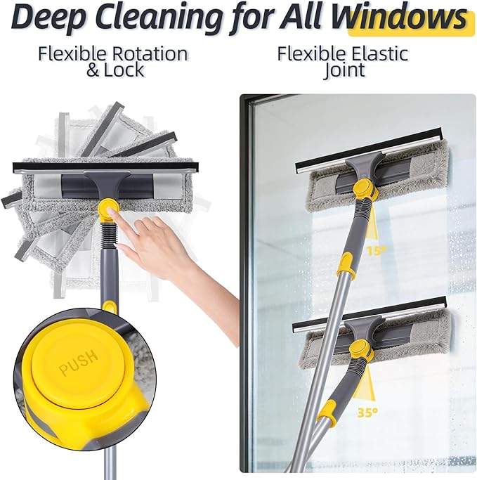 Masthome 77" Window Squeegee with Stainless Steel Pole, 2-in-1 Professional Window Cleaning Kit, 180° Lockable Rotating Head, Streak-Free Scrubber for High Window, Car Windshield, Indoor Outdoor Glass