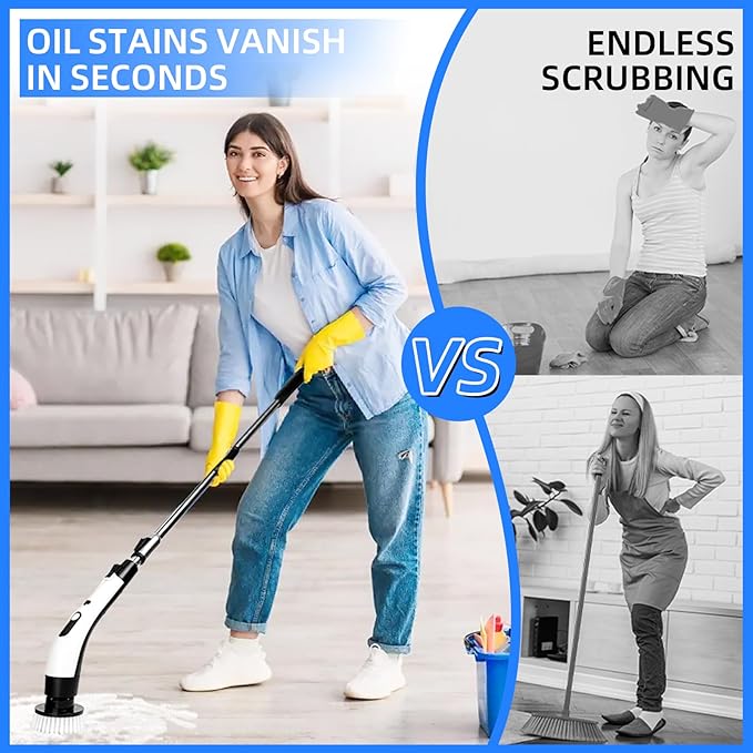Cordless Electric Spin Scrubber with 8 Brush Heads Power Handheld Scrubber Cleaning & Shower with Adjustable Handle, IPX7 Waterproof for Shower Tile Grout Tub Tile Floor Bathroom Cleaning
