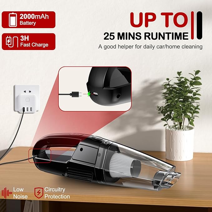 BSRCO Handheld Vacuum Cordless 8000PA, Car Vacuum Portable Cordless 30 Mins Runtime & Under 70dB Quiet, Hand Held Vacuum Cleaner, 1.4lbs Hand Vacuum Cordless for Car/Home/Office, Pet Hair