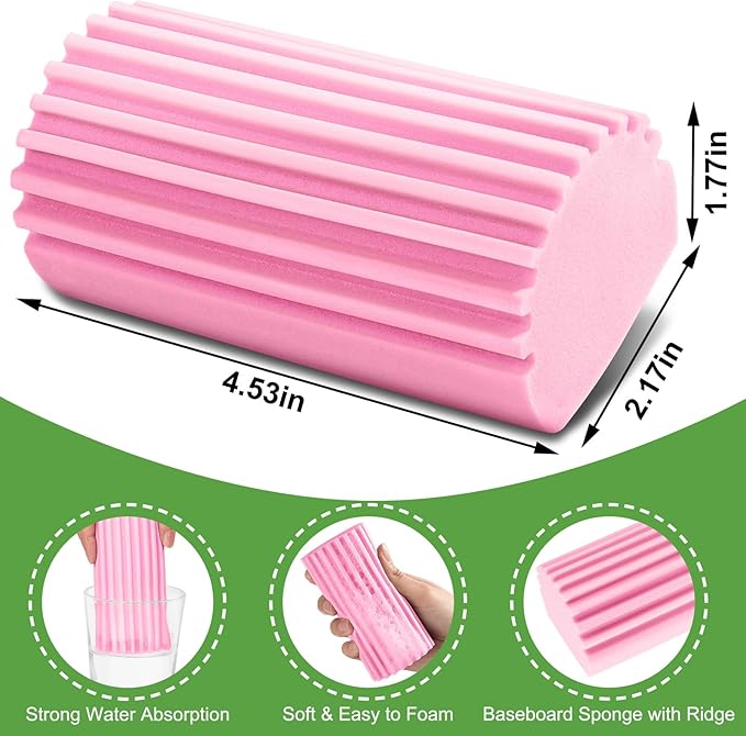 Jeymei 4-Pack Damp Clean Duster Sponge,Pink Damp Dusting Sponge,Duster Baseboard Cleaner Sponge with Ridges,Reusable Wet Duster Sponge,Household Cleaning Sponges for Blinds,Window Track Grooves