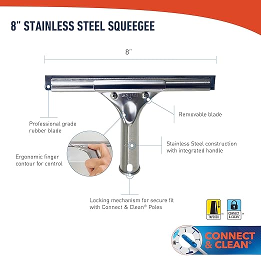 Unger Professional 8” Stainless Steel Window & Glass Cleaning Squeegee - Cleaning Supplies, Heavy Duty Squeegee for Window Cleaning, Streak Free Results
