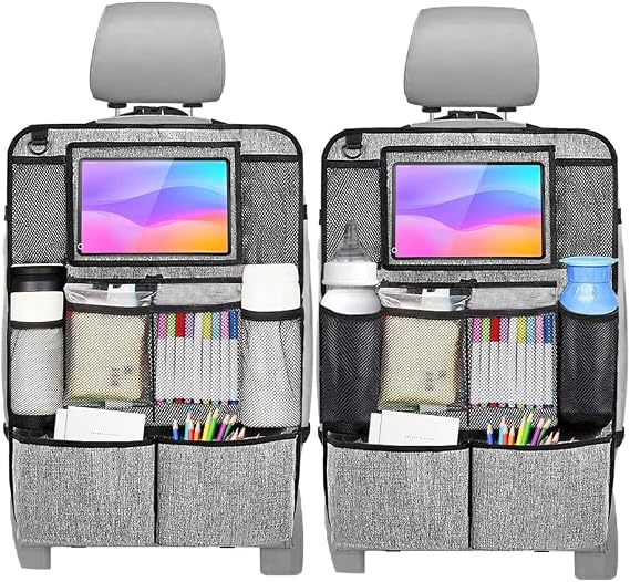 2PCS Car Seat Back Organizer, Waterproof Vehicle Storage Bag with Touch Screen Tablet Holder & 9 Pockets, Auto Kick Mats