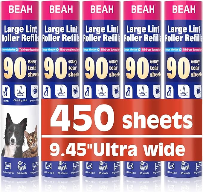 BEAH Lint Roller Refills (5 Packs, 450 Sheets) Lint Rollers for Pet Hair, Extra Sticky Refills, Compatible with 9.45-inch lint Rollers requiring a 1.5-inch Inner Diameter