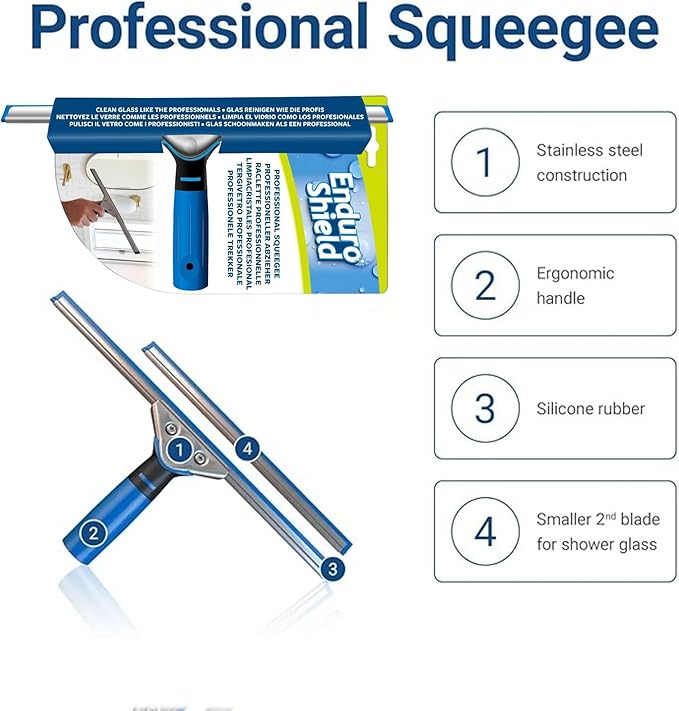 Professional Squeegee - Premium Quality Silicone Rubber Blades with Ergonomic Handle for Streak-Free Cleaning - Perfect for Windows, Shower Doors, and Railings