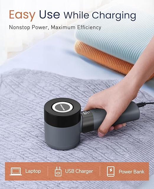 BEAUTURAL Fabric Shaver and Lint Remover, Rechargeable Electric Sweater Shaver with 3 Speeds, 6 Leaf Blades and LED Display, Portable Pilling Remover for Clothes, Furniture, Blankets, Blue