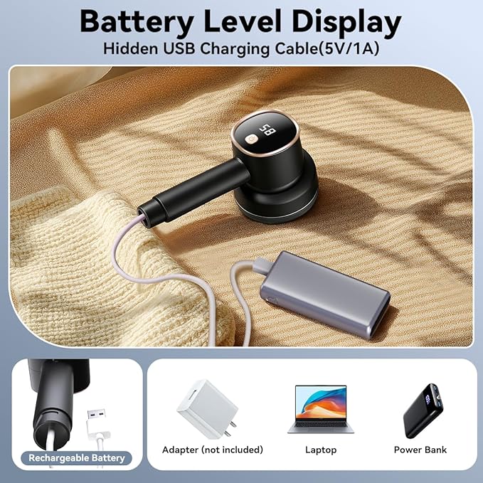 Rechargeable Fabric Shaver for Clothes: 6-Leaf Blades & 3 Speeds to Remove Pilling, Fuzz & Lint Balls - with LED Display, Portable Electric Lint Remover for Sweater, Couch, Blanket, Furniture