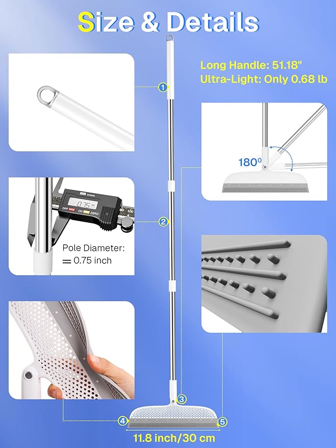 Silicone Floor Squeegee, 180° Rotating Air Broom, Squeegee for Floor with a Long Handle, Magic Broom for Water and Pet Hair Removal on Bathroom Floors, Tile, Deck and Glass, Indoor Cleaning Tool