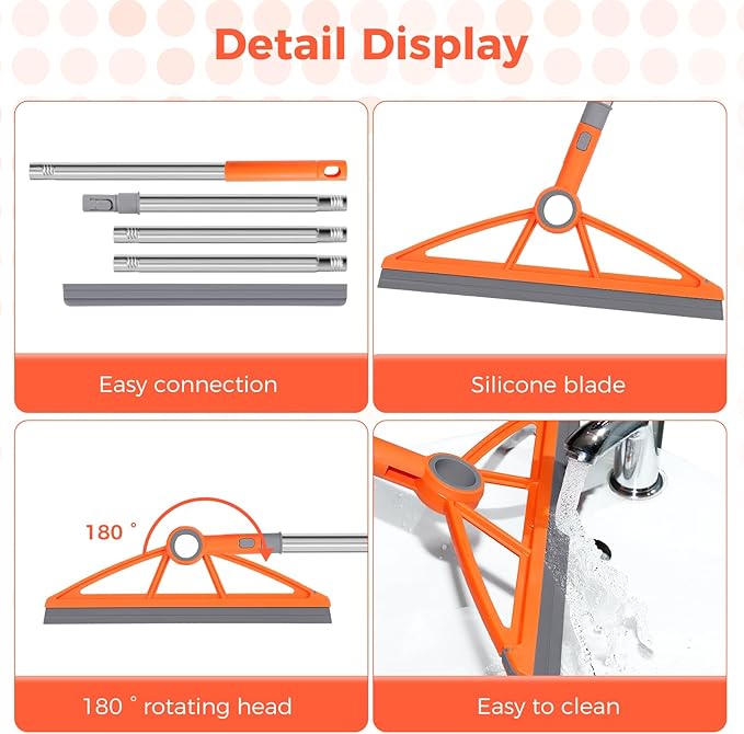 wlich 2-in-1 Air Broom, 180° Rotating 54 Inch Adjustable Silicone Rubber Broom Includes 2 Scraping Strips, Sweep and Silicone Tools with Long Handle for Cleaning Bathrooms,Glass,Tiles,Pet Hair