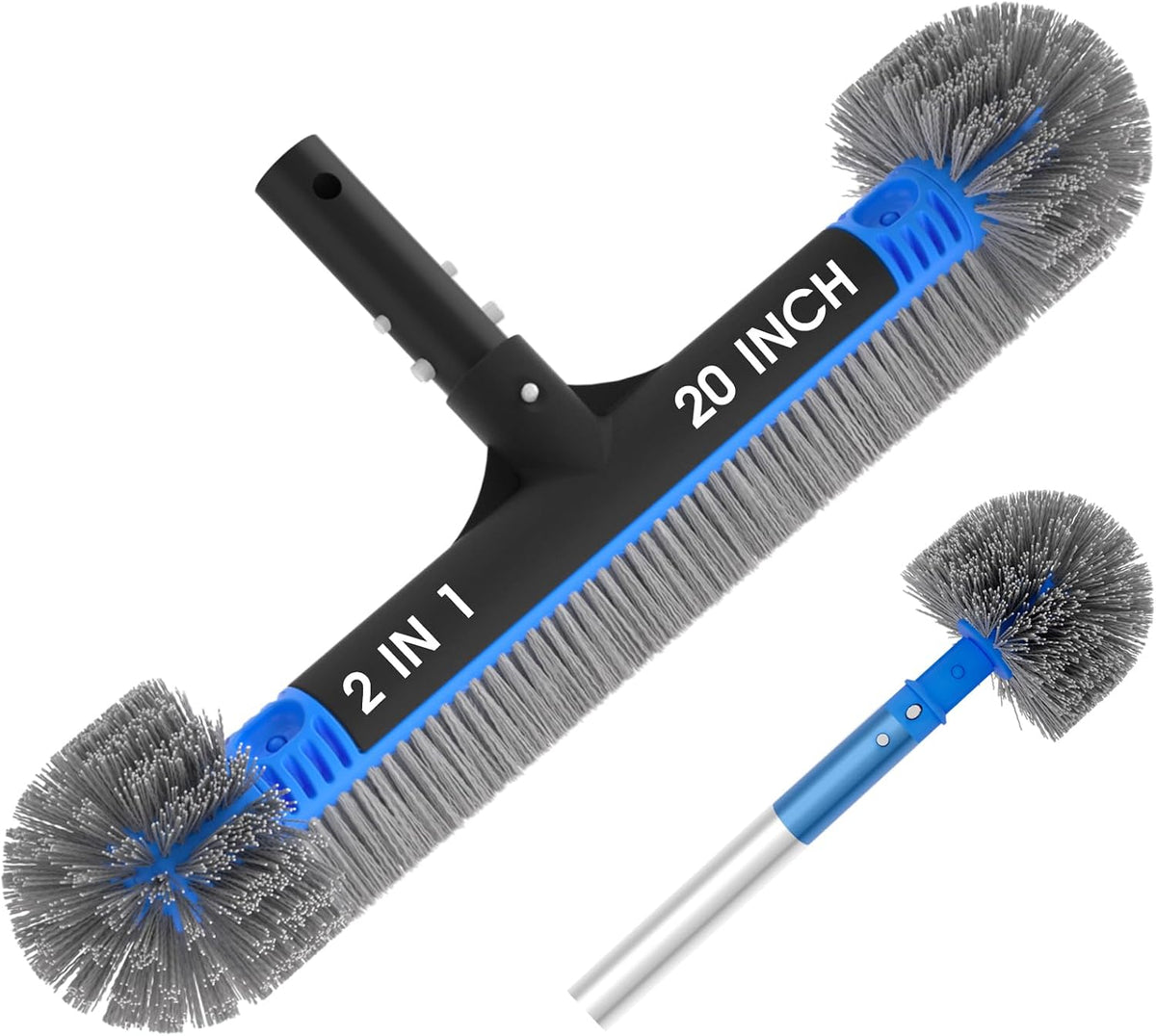20" 2 in 1 Pool Brush Head for Cleaning Walls, Steps & Corners, Wavy Bristles Pool Scrub Brush with Round Ends, Fits 1-1/4" Standard Pole, for Inground & Above Ground Pools, No Pole