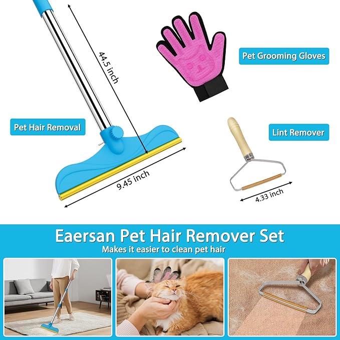 Eaersan 3 in 1 Carpet Rake Kit for Pet Hair Removal Tool - 45” Adjustable Long Handle Pet Hair Remover, Reusable Carpet Scraper Dog Cat Deep Hair Cleaner Remover Tool for Rugs, Mats, Couch, Furniture