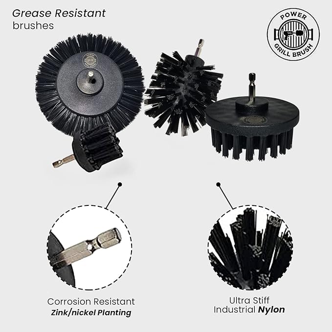 Power Grill Brush - Grill Brush 5 Piece BBQ Cleaning Kit - Nylon Safe Bristle, Wire Free, Safe for All Grates Stainless Steel, Porcelain, Charcoal Smoker Grill Cleaner Scraper, Accessories Outdoor