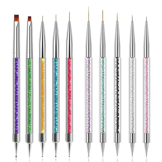 Magic Armor 10pcs Nail Art Brushes - Double Ended Liner & Dotting Tools Set, Shiny Handles, Easy To Use Drill Point Drawing Tools for Beginner DIY Design