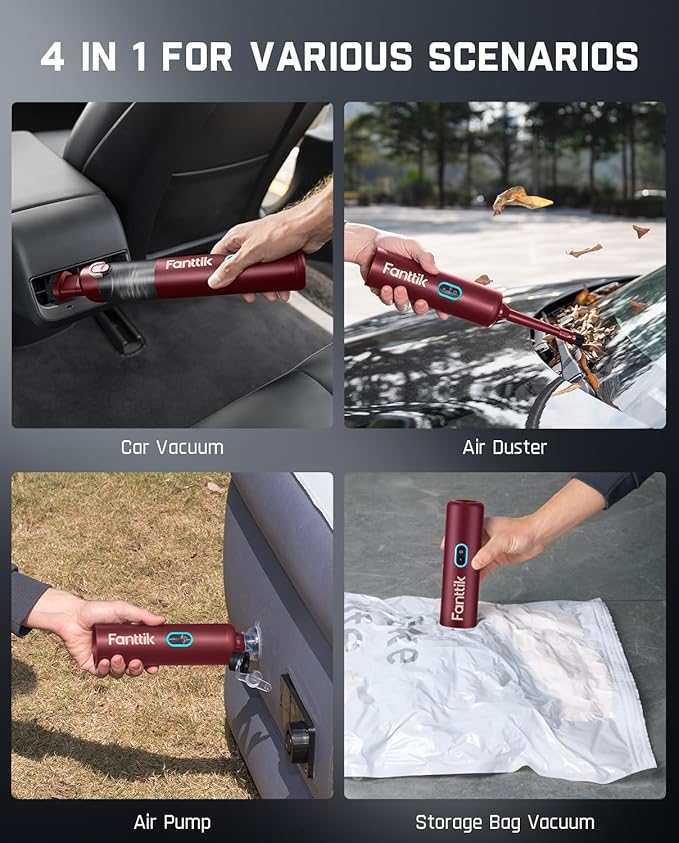 Fanttik Slim V8 APEX Car Vacuum, 4-in-1 Portable Mini Cordless Vacuum with 19000pa Suction Power, Type-C Charge, 2 Suction Modes, Handheld Vacuum for Small Jobs, Car, Office Desk, Keyboards (Red)