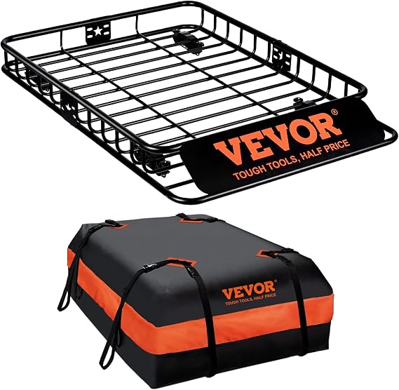 VEVOR Roof Rack Cargo Basket, 51" x 36" x 5" Rooftop Cargo Carrier w/ 15 Cu Ft Waterproof Cargo Bag, 200 LBS Capacity Un