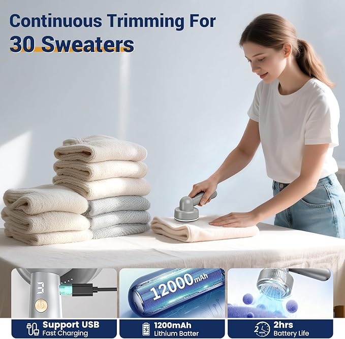 DBC Fabric Shaver & Lint Remover for Clothes, Sweaters & Furniture - 6-Leaf Blade, 3 Speeds, 2H Runtime, Portable Design Perfect for Travel, Includes 2 Extra Blades - Grey
