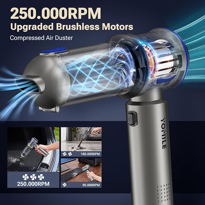 Yomile Mini Vacuum Cleaner, 2 in 1 27000PA Brushless Car Vacuum Air Duster 9000mAh Battery Air Blower Wireless Handheld Vacuum for Car,Office and Home