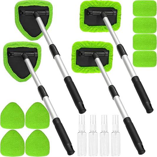 Beieverluck 20 Pieces Windshield Cleaner Tool, Inside Car Windshield Cleaning Tool with 12 Microfiber Pads, 4 Spray Bottle, and Extendable Handles Car Window Cleaning Tool Kit, Green