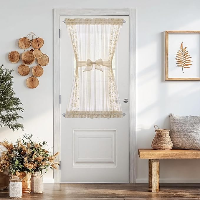 jinchan French Sheer Volie Door Curtain Embroidered Farmhouse Linen Curtain for Patio Door with Tie up Bows Light Filtering for Door Window Closet Rod Pocket 40 Inches 1 Panel Crude on Beige