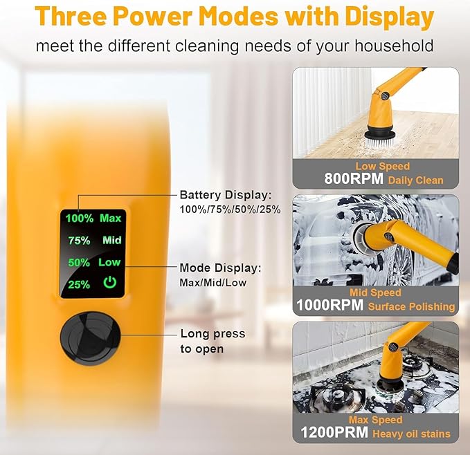 1500 RPM Electric Spin Scrubber for DeWalt 20V Battery, Power Shower Scrubber for Bathroom/Floor/Bathtub/Toilet/Tile,Electric Cleaning Brush with Long Handle & 8 Replaceable Brush (Yellow)