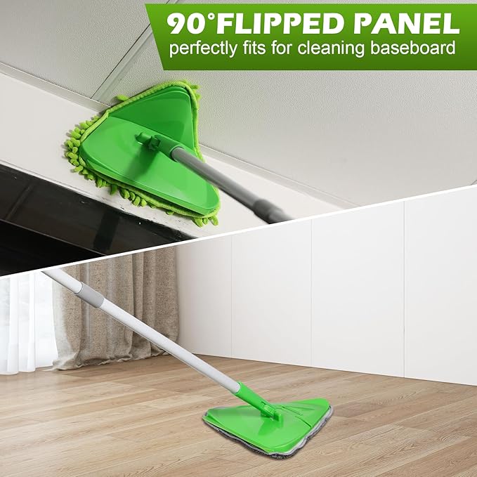 Wall Cleaner Triangle Mop with 82'' Long Handle - Wall Scrubber, Cleaning Washer Tool with 4 Microfiber Chenille Duster Pads for Clean Walls, Ceiling, Windows, Baseboards, Floors (Green, 4 Pads)