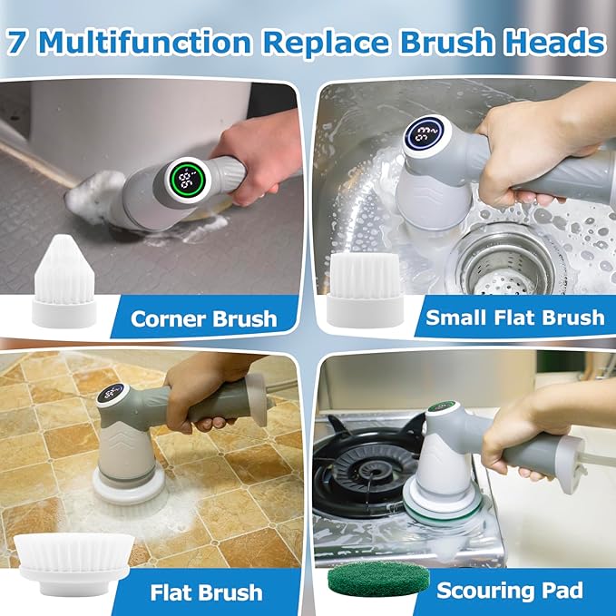 DAESUNG Electric Spin Scrubber, New Electric Bathroom Brush with 7 Replaceable Heads, Power Scrubber with LED Display, Electric Scrubbers for Cleaning Shower, Tile, Grout, Sink