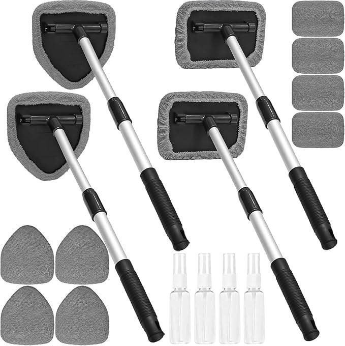 Beieverluck 20 Pieces Windshield Cleaner Tool, Inside Car Windshield Cleaning Tool with 12 Microfiber Pads, 4 Spray Bottle, and Extendable Handles Car Window Cleaning Tool Kit, Gray