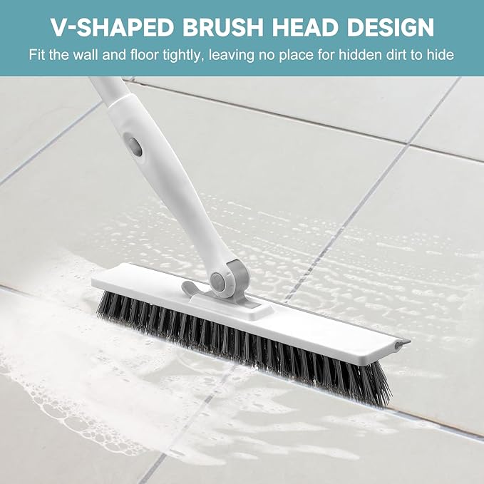 nacena Shower Scrubber with Long Handle, 4 in 1 Tile Tub Scrubber Brush with 3 Detachable Cleaning Heads and V-Shaped Grout Brush Shower Cleaner Brush for Bathroom Kitchen Toilet Tub Sink, Grey White