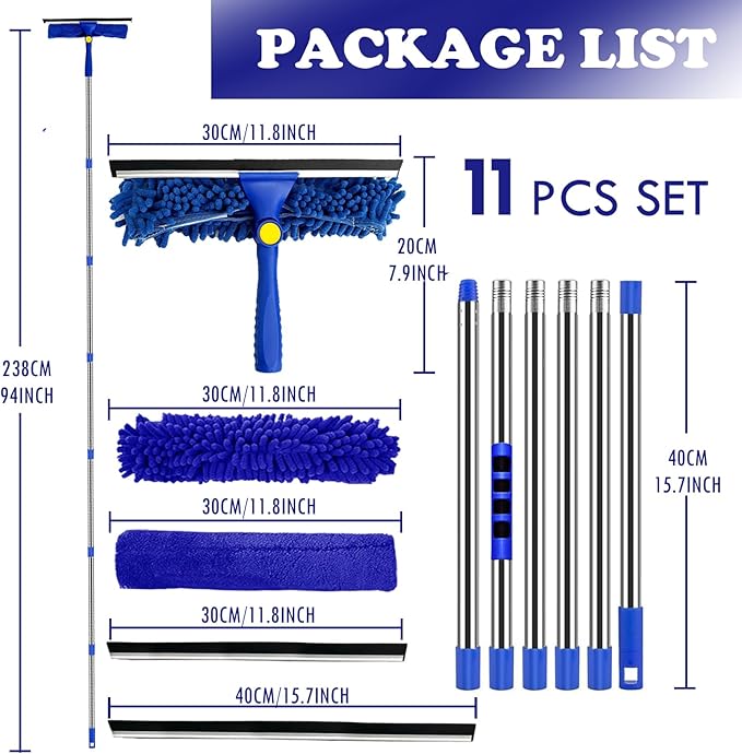 Window Cleaner Squeegee Kit - 2.38M (94inch) Cleaning Equipment with Long Handle 3 in 1 Extendable Window Cleaning Tool for High Windows, Glass, Home, Wall and Car