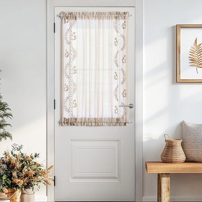 jinchan Belrose Sheer French Door Curtain Embroidered Farmhouse Linen Curtain for Patio Light Filtering for Door Window Closet Rod Pocket 40 Inches 1 Panel Taupe on Beige