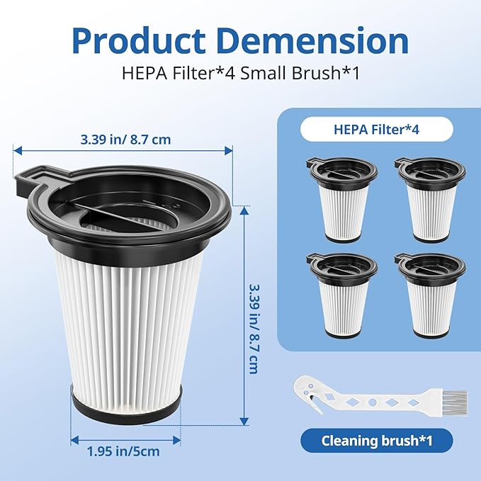 4 Pack Replacement Filters Compatiable with Wyze Cordless Vacuum Cleaner, Removable and Washable HEPA Filter Accessories Part Set with 1 Cleaning Brush for Wyze Handheld Cordless Vacuum Cleaner