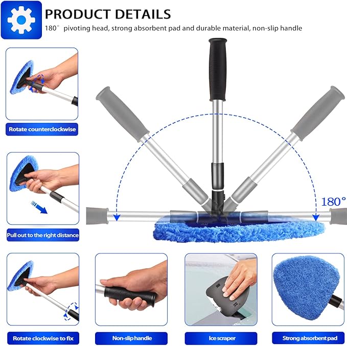 Upgraded Longer Extendable Windshield Cleaning Tool, Strong Absorbent Car Window Cleaner with 5 pcs Washable Pads and 2 pcs Spray Bottles, Multifunctional Use Windshield Cleaner Tool Kit (Blue)