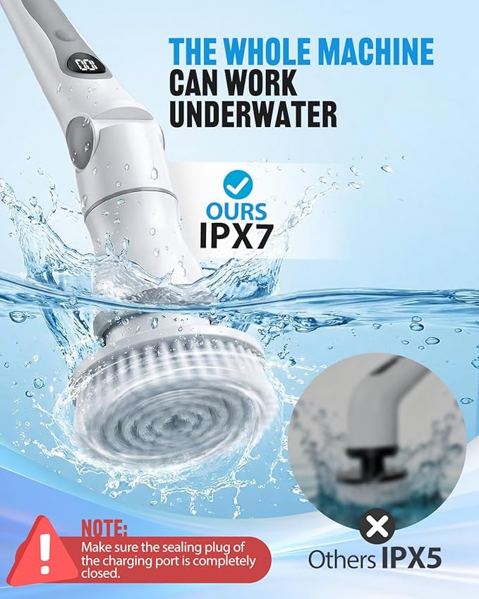 Cordless Electric Spin Scrubber, 4 Angles with 8 Replaceable Brush Heads, Adjustable Handle 3 Speeds with LED Display-90Mins Runtime, IPX7 Waterproof Scrubber Cleaner Brush for Bathtub Bathroom