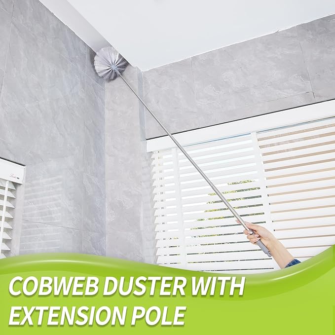 IVYROLL Cobweb Duster with Extension Pole, Spider Web Brush & Ceiling Cleaning Kit, 100" Microfiber Feather Duster Cleaner with Washable Head for Ceiling Fan, Furniture, Home