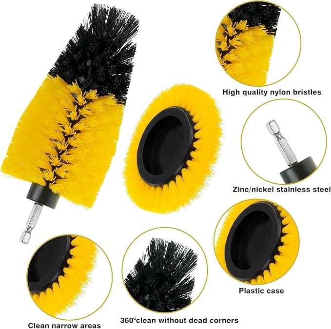 8 Pcs Drill Brush Attachment Set, Power Cleaning Scrub Brush Kit with Extend Long Attachment, All Purpose Drill Scrub Brushes for Car, Grout, Floor, Tub, Bathroom and Kitchen (Yellow)