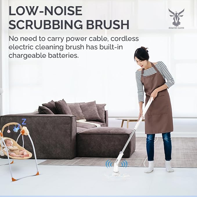 Electric Spin Scrubber - Cordless Cleaning Head with 6 Replaceable Brushes - 90° Rotatable - Ideal for Floor, Window, Cars - Ivory White