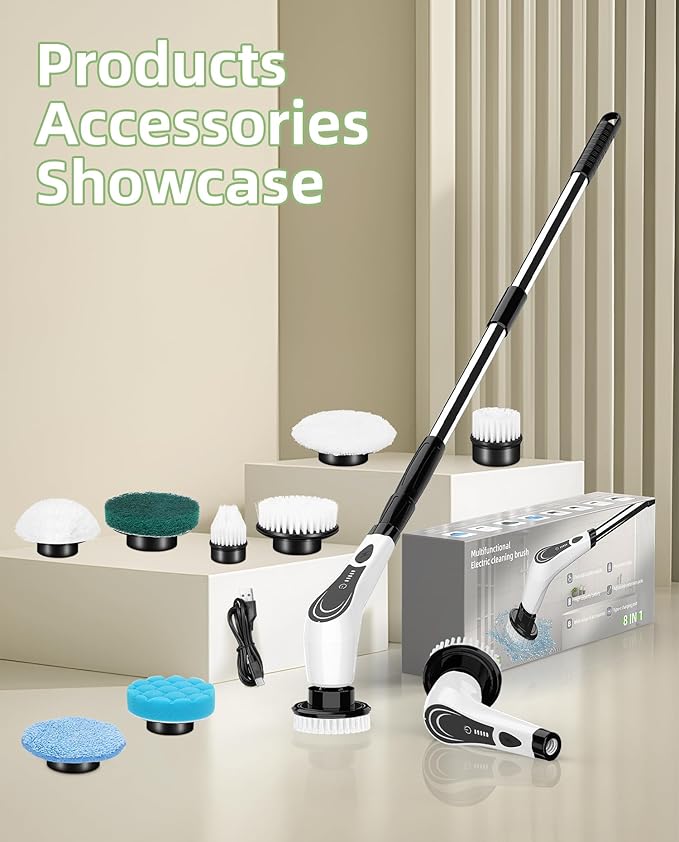 Electric Spin Scrubber, Cordless Floor Scrubber Machine with 7 Cleaning Pads & Telescopic Handle, Bathroom Scrubber for Cleaning Tile Grout Tub Shower Floor Window Carpet, White-rx2...
