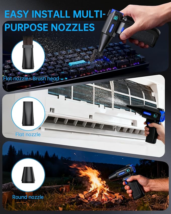VICNOVA Compressed Air Duster, 150000RPM Brushless Motor Cordless Electric Air Blower, 3-Gear Rechargeable Air Duster with LED Light for PC, Computer, Laptop, Keyboard, Car Cleaning, Gifts for Men