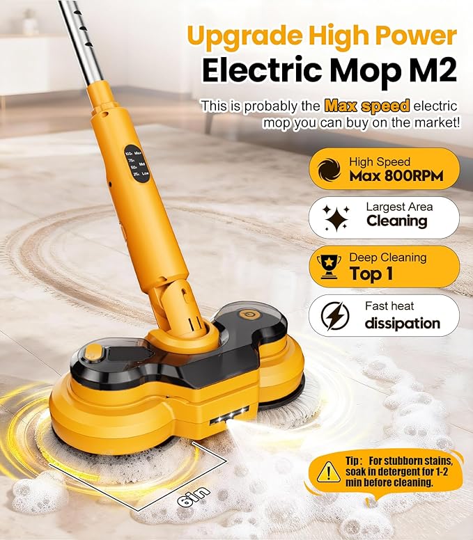 qimedo 5000mAh Electric Mop with Two Battery M2,800RPM Cordless Mops for Floor Cleaning,Best Automatic Spin Mops with Smart Display,Upright Rotating Power Mop with LED Light & Water Spray