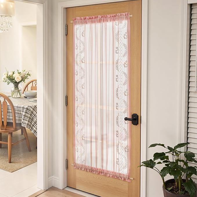 jinchan Semi Sheer French Door Curtain with Tie Up Bows Floral Embroidered Voile Privacy Curtain for Patio Door Closet Sliding Glass Door Rod Pocket 72 Inch 1 Panel Pink