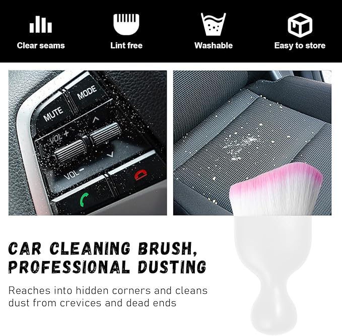 Ziciner Car Detailing Brush, Curved Soft Bristles Auto Removal Dust Collectors, Universal Vehicle Dashboard, Air Conditioner Vents etc Interior Cleaning Tool Accessory (White/White/Pink)